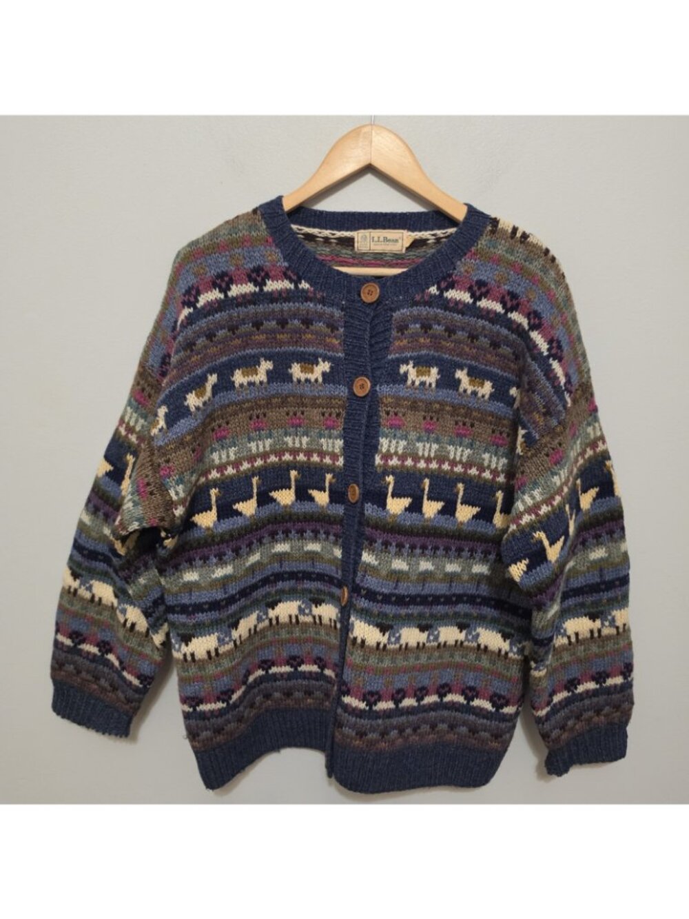 L.L. Bean Multicolor Fair Isle Wool Button Cardigan - Navy, Cream, Green - Picture 3 of 8